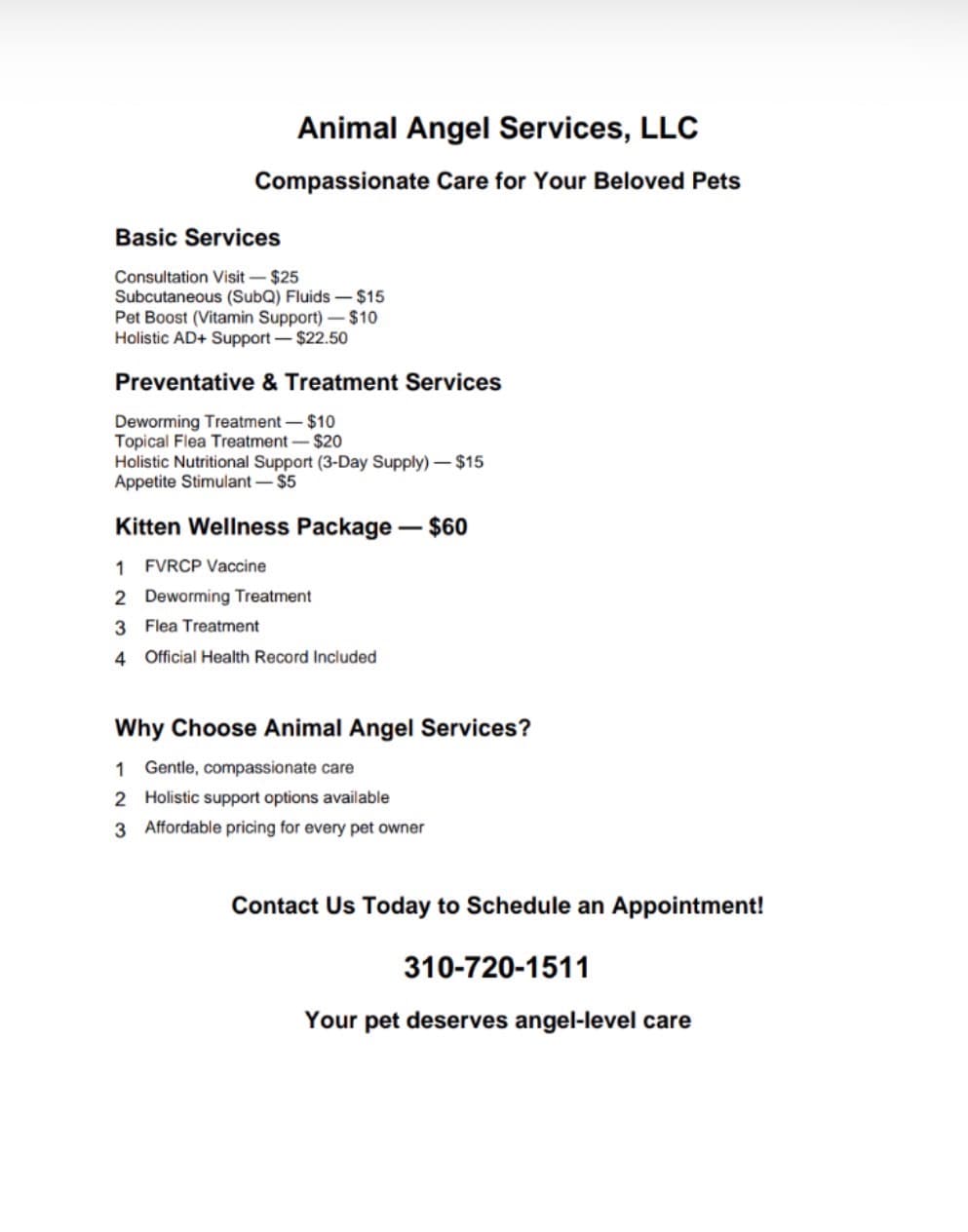Animal Angel Services pricing menu - full list of pet care services and pricing