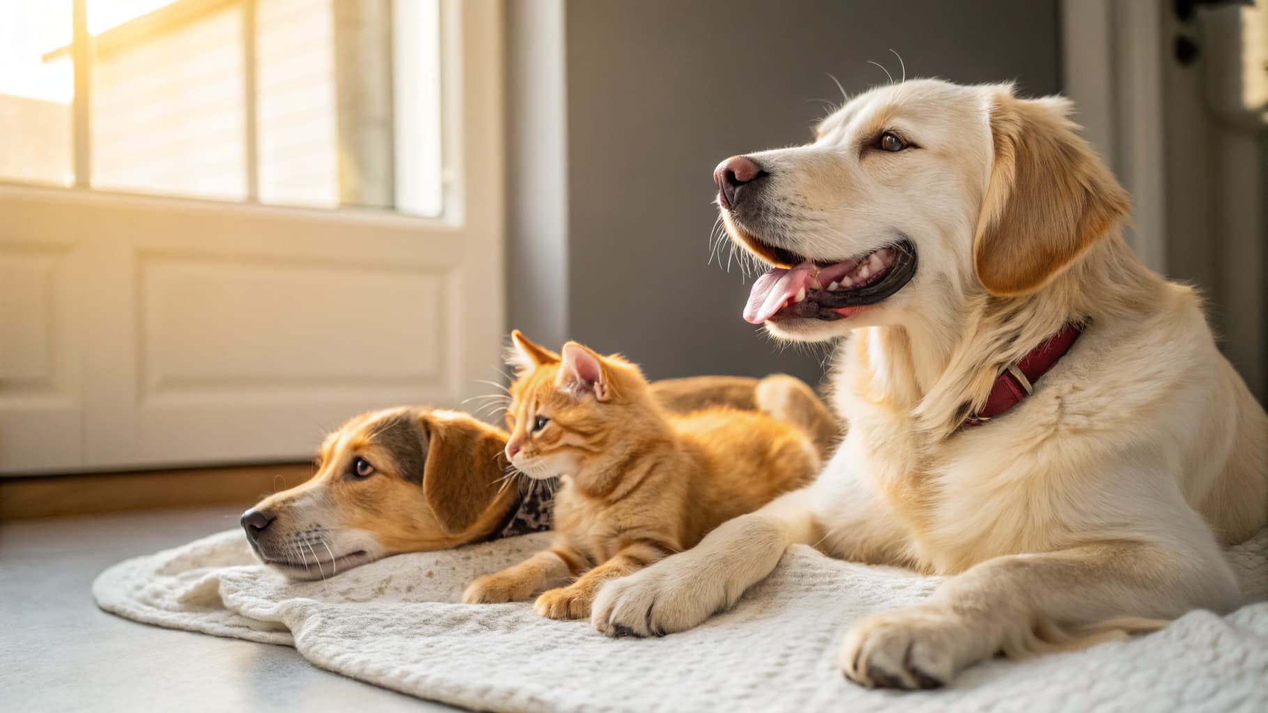 Happy cats and dogs enjoying pet care