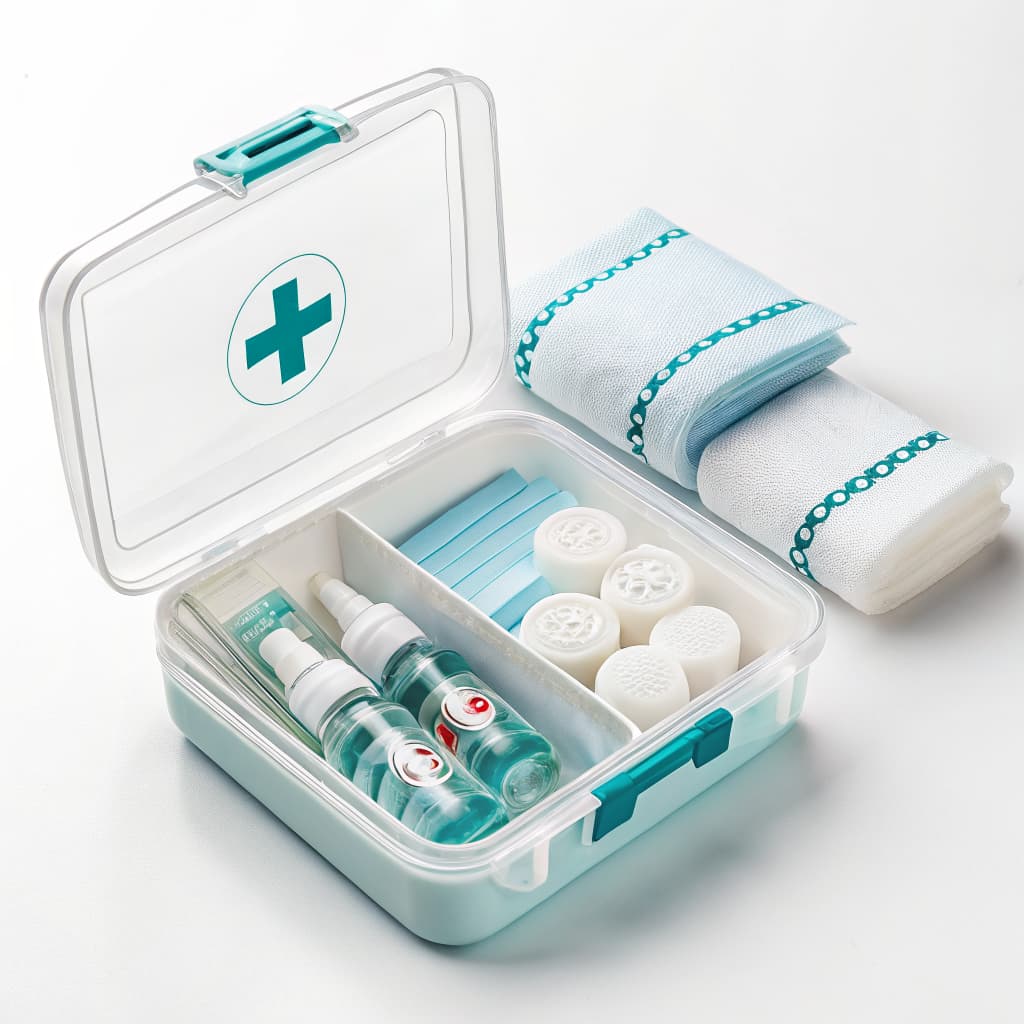 Pet First Aid Kit โ antiseptic spray, cotton balls, and gauze pad in a plastic container